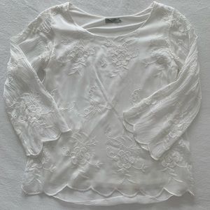 Italian Silk Floral Embroidered 3/4 Sleeve Blouse
